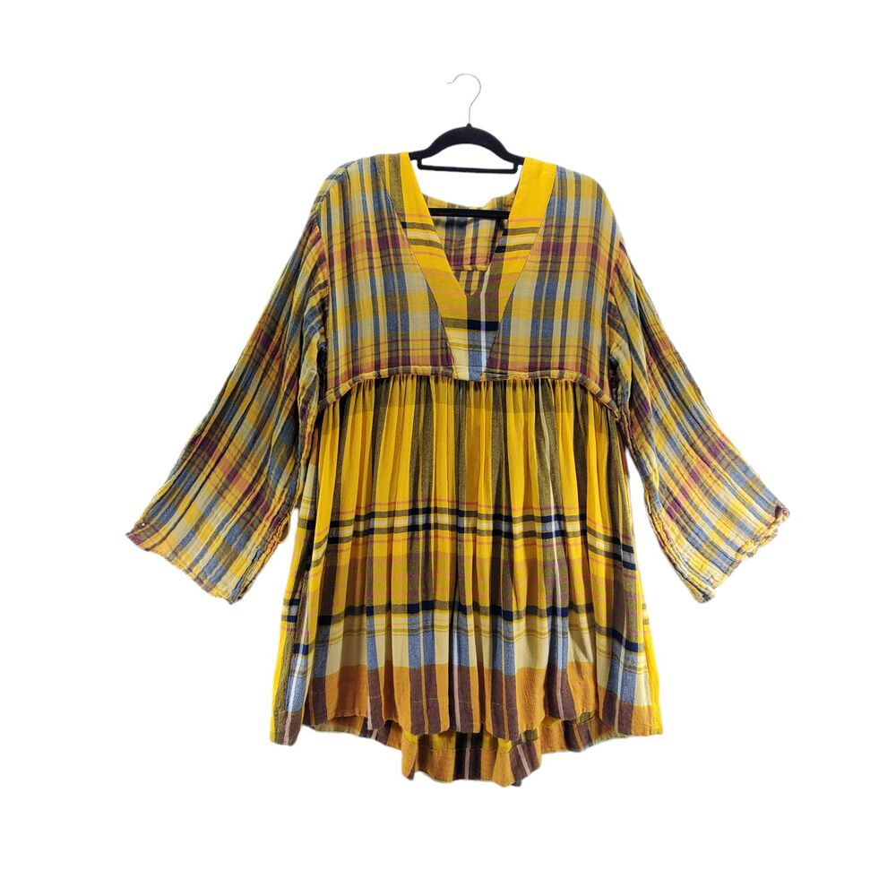 M Urban Outfitters Plaid Tunic Mini Dress Long Sleeve Yellow Black V Neck - Picture 2 of 13